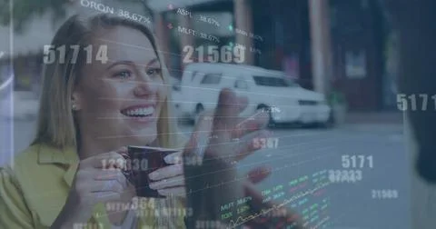 Image of financial data processing over diverse people talking in city Foto stock