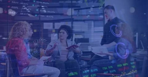 Image of financial data processing over diverse businesspeople in office 스톡 사진