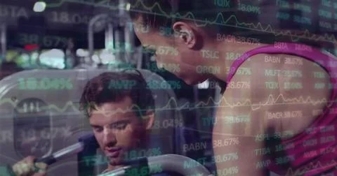 Image of financial data processing over caucasian man exercising in gym Stock Photos