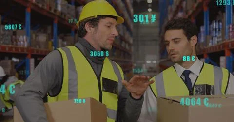 Image of financial data processing over caucasian men working in warehouse Stock Photos