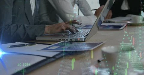 Image of financial data processing over working business people Stock Photos