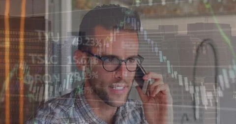 Image of financial data processing over biracial man talking on smartphone Stock Photos