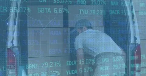 Image of financial data processing over caucasian delivery man unpacking car Stock Photos