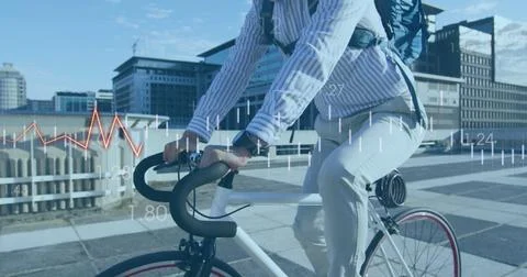 Image of financial data processing over biracial businessman on bike Foto stock