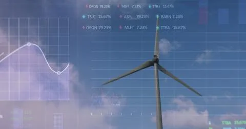 Image of financial data processing over wind turbine Stockfoto's