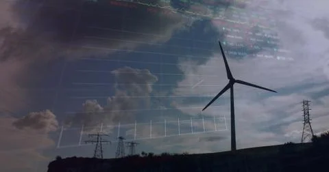 Image of financial data processing over wind turbine 库存照片