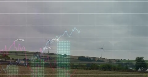 Image of financial data processing over wind turbine Stockfoto's
