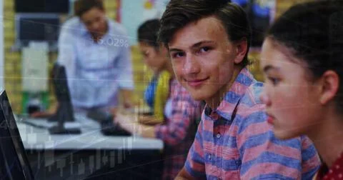 Image of financial data processing over caucasian boy while using laptop and 写真素材