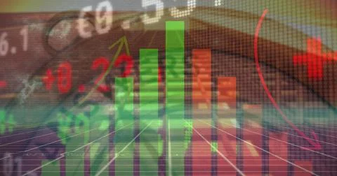 Image of financial data processing over clock Stockfoto's