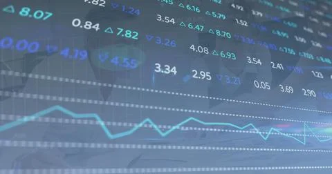 Image of financial data processing over business people working in office 스톡 사진