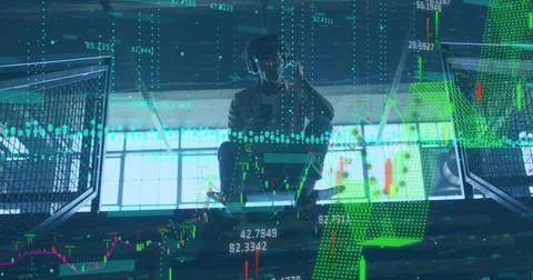 Image of financial data processing over biracial man with skateboard using Stock Photos