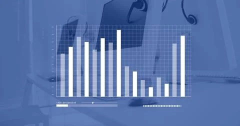 Image of financial data processing over computers on desks in office Foto stock