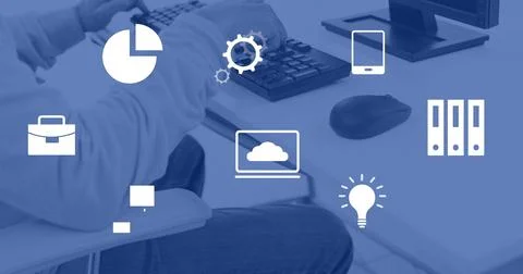 Image of financial data processing over man using computer in office 스톡 사진