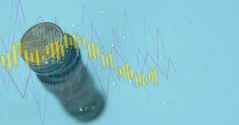 Image of financial data processing over money on blue background Stock-Fotos