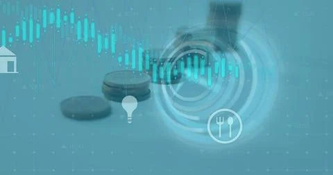 Image of financial data processing over money on blue background Stock-Fotos