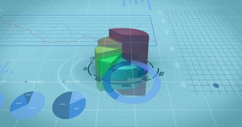 Image of financial data processing over financial graphs on blue background 스톡 사진
