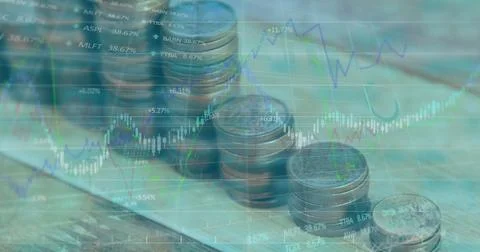 Image of financial data processing over money Stock-Fotos