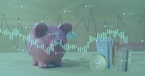 Image of financial data processing over money and bank pig Stock-Fotos