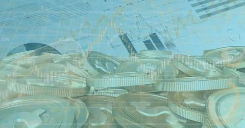 Image of financial data processing over money on blue background Stock-Fotos
