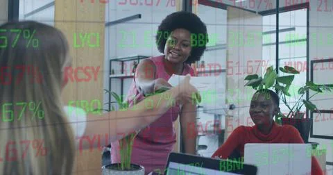 Image of financial data processing over african american woman giving document Stock Photos