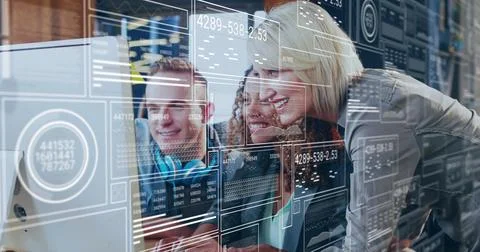 Image of financial data processing over diverse business people in office Stockfoto's