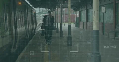 Image of financial data processing over caucasian man by train in train platform Stock Photos