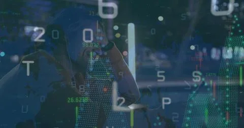 Image of financial data processing over caucasian man using smartphone smiling Stock Photos