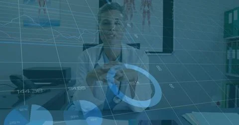 Image of financial data processing over caucasian female doctor Foto stock