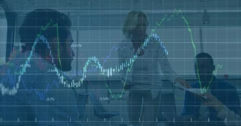 Image of financial data processing over caucasian woman giving documents to Stock Photos