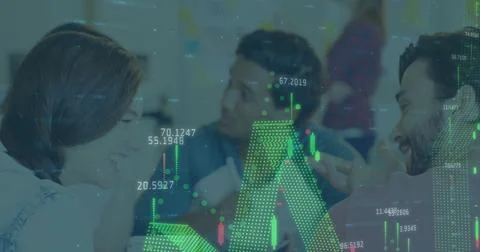 Image of financial data processing over diverse man and woman whispering to each Stock Photos