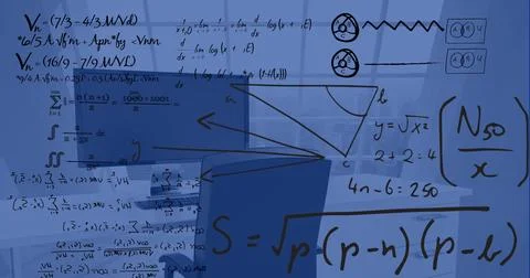 Image of financial data processing over desk with computer in office 스톡 사진