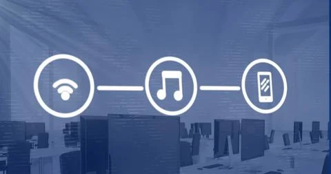 Image of financial data processing over desks with computer in office Stock Photos