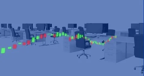 Image of financial data processing over desks with computer in office 스톡 사진
