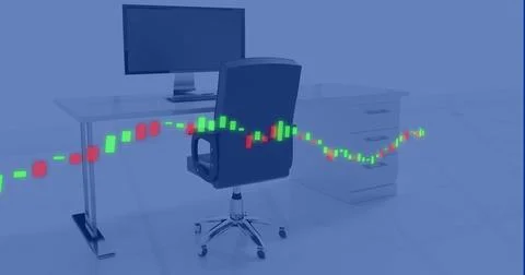 Image of financial data processing over desk with computer in office 스톡 사진