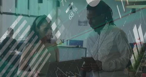 Image of financial data processing over diverse colleagues discussing work Stock Photos