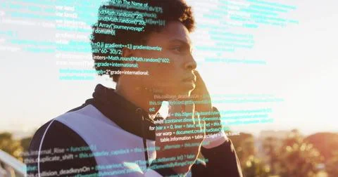 Image of financial data processing over biracial man using earphones during Stock Photos