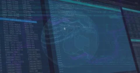 Image of financial data processing over blue screens on dark background Stock Photos