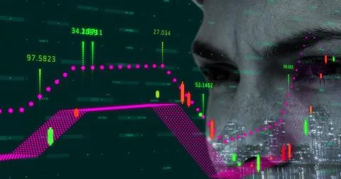 Image of financial data processing over close up of woman against green Stock Photos