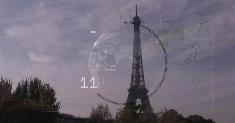 Image of financial data processing over paris cityscape Stock Photos