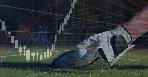 Image of financial data processing over man placing golf ball before striking in 스톡 사진