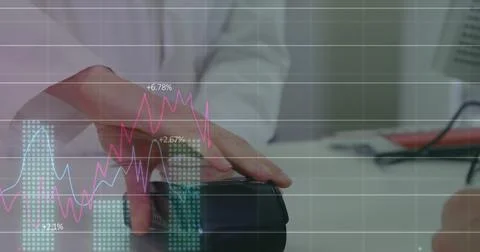 Image of financial data processing over person paying with credit card in 스톡 사진