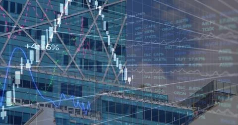 Image of financial data processing over office buildings and modern cityscape in Stock Photos