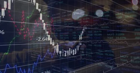 Image of financial data processing over man using smartphone texting in the Stock Photos