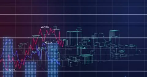 Image of financial data processing over 3d model of cityscape Stock Photos