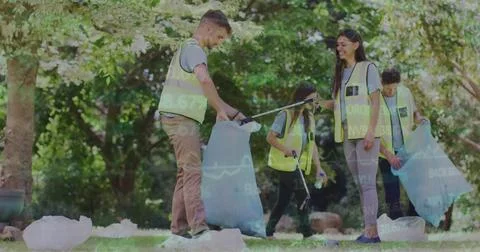 Image of financial data processing over diverse people cleaning park Fotos de archivo