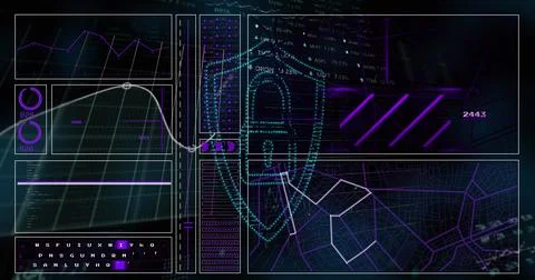 Image of financial data processing over padlock Stock Photos