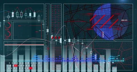 Image of financial data processing over dark background Stock Photos