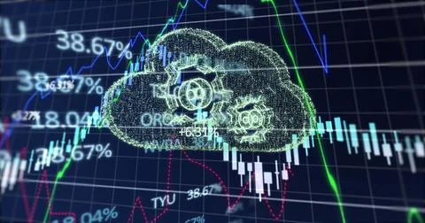 Image of financial data processing over digital cloud Foto stock