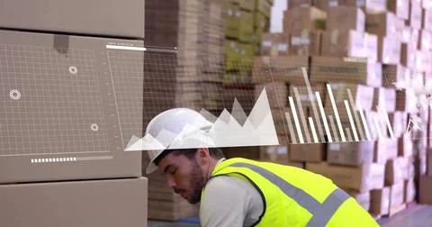 Image of financial data processing over caucasian man working in warehouse Stock Photos