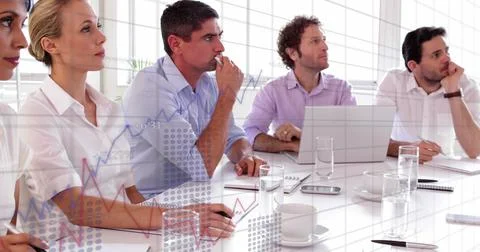 Image of financial data processing over diverse business people in office Foto stock